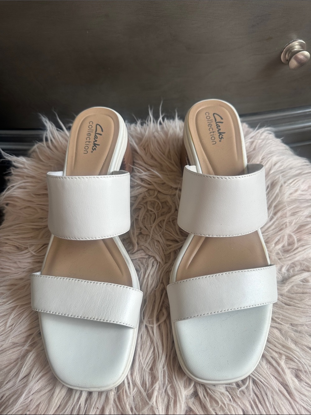 Clarks White Double-Strap Slide Sandals